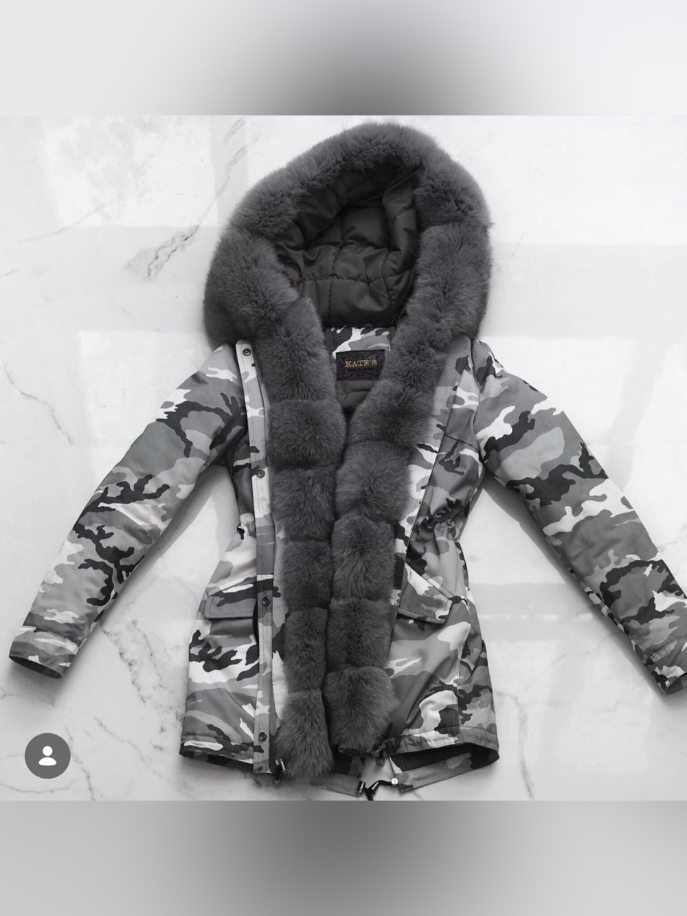 Women's Gray Camouflage Puffer Parka with Plush Fur Trimmed Hood